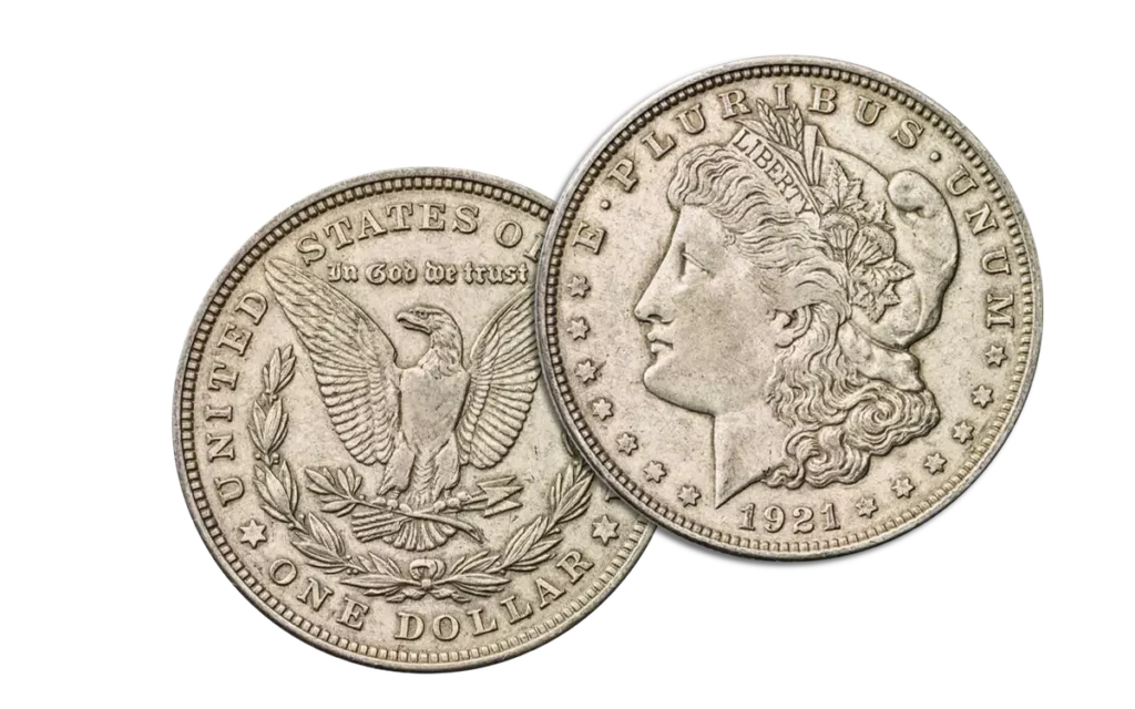 Morgan Silver Dollar from 1921 showing the reverse behind the obverse