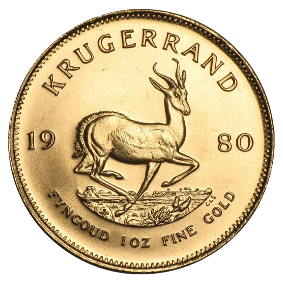 Reverse of gold Krugerrand coin shows the profile of the Springbok antelope.
