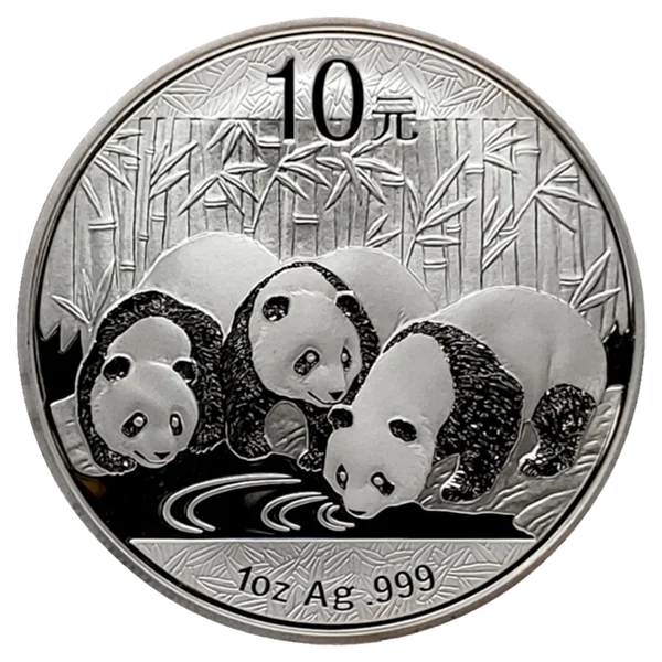 3 pandas drink from a pond in a bamboo forest on this silver coin