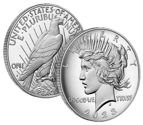Obverse with reverse behind it of the Peace Dollar from 2023