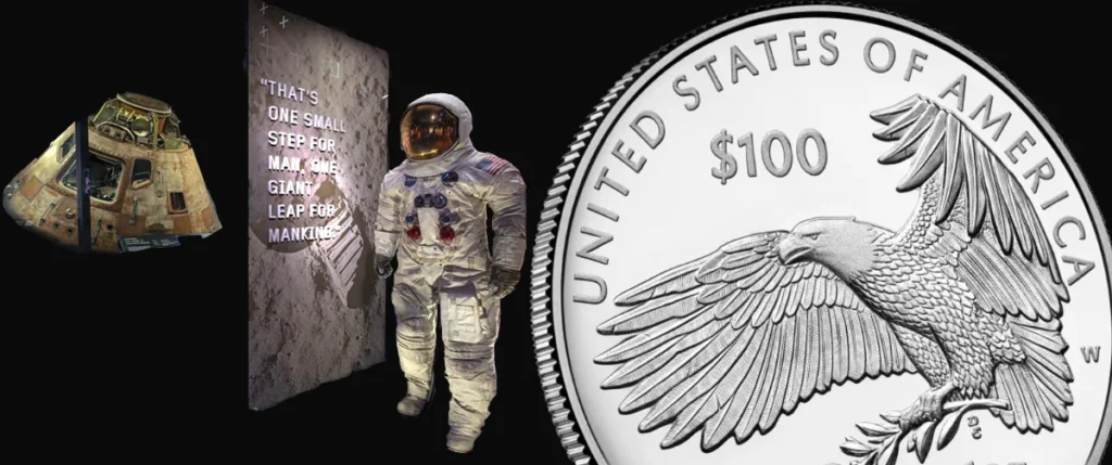 The Eagle from the moon landing with the space suit worn and the American Eagle palladium coin showing the eagle has landed.