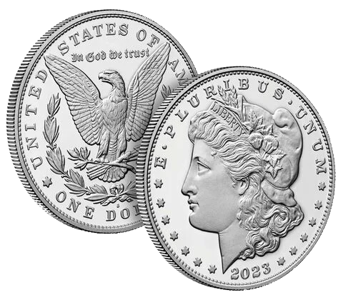 The Morgan Silver Dollar from 2023 showing the obverse and reverse behind it
