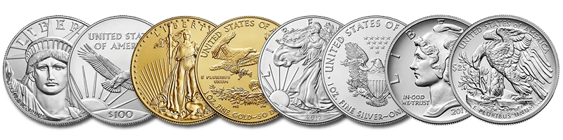The entire American Eagle collection of all precious metals shown obverse and reverse. Starting with platinum, then gold, silver and palladium.