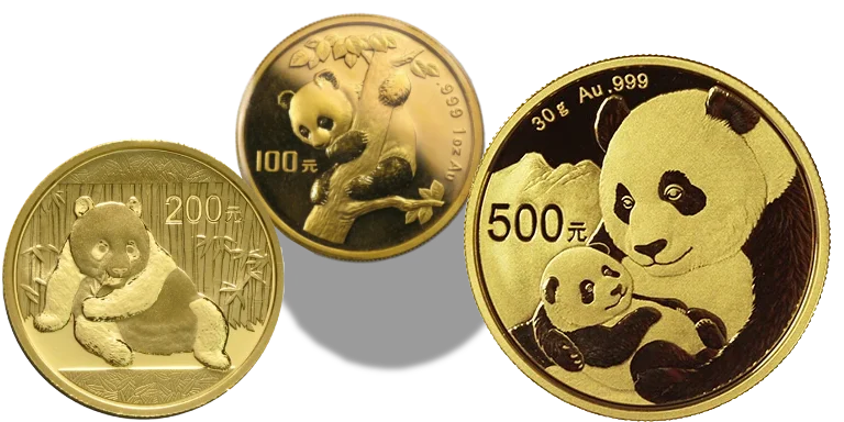 Pandas eating bamboo, climbing a tree, or caring for a baby are each featured on the obverse of these gold coins