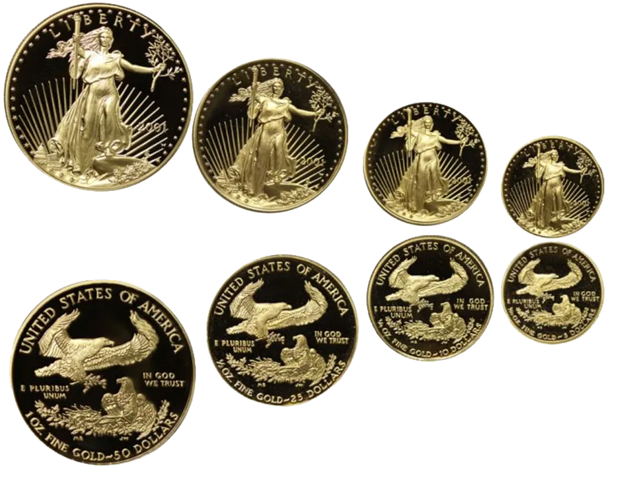 The entire set of American Eagle gold proof coins, obverse and reverse shown