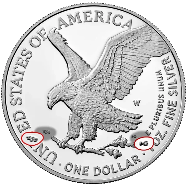 The detail is so sharp in this American eagle silver coin, the artists' initials can be seen.