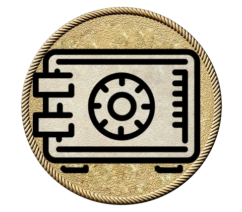 Gold coin with vault imposed over it.