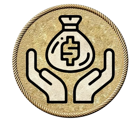 Gold coin imposed over it with two hands open receiving a large bag of coins for accepting Sales and Purchase Agreement