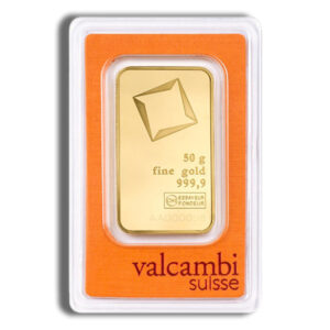 50 gram Valcambi Gold Bar sealed in assay card – .9999 fine gold
