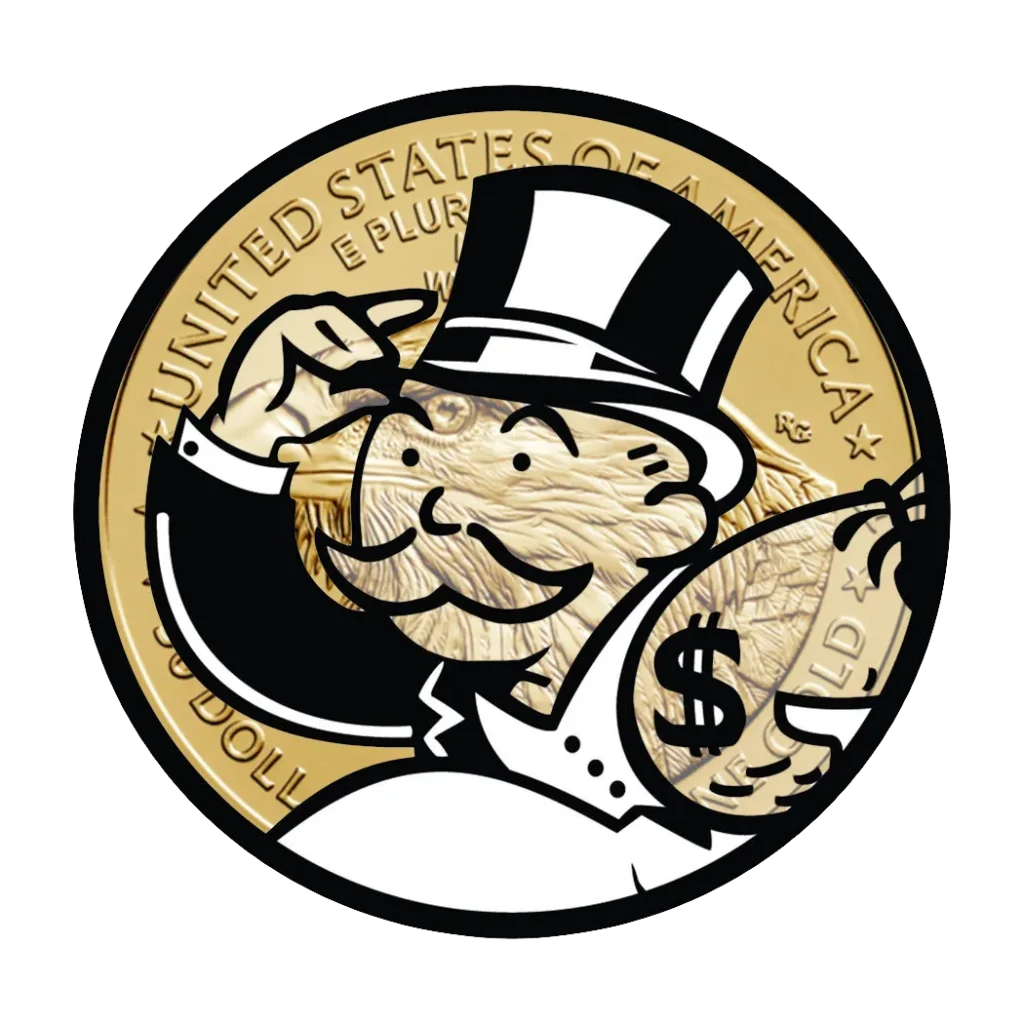 The iconic monopoly man laid over an American Eagle gold coin carrying a bag of money while on the run demonstrates the need for a refund and return policy that meets various needs.