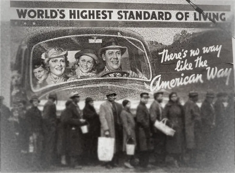 Stagflation is shown here by high unemployment as people stand in line, while over them is a happy family and a sign saying "World's Highest Standard of Living" yet with slow economic growth.