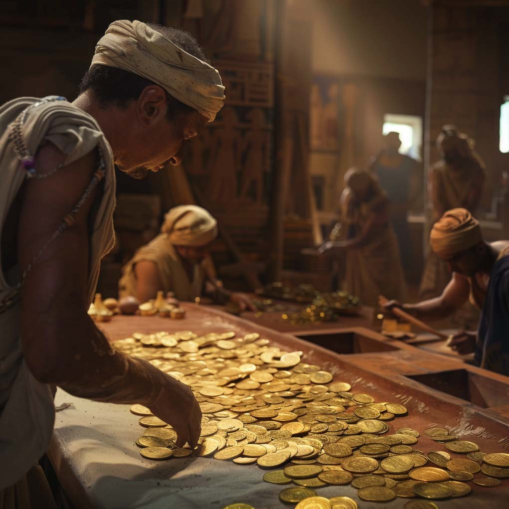 Scene of ancient times as workers count the pharaohs' gold coins