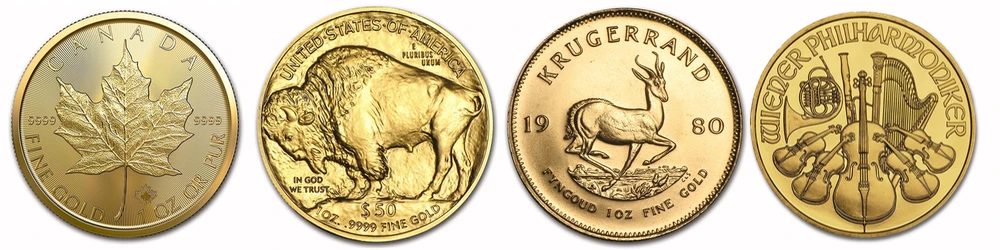 Gold coins of Canadian Maple Leaf, American Buffalo, South African Krugerrand, Austrian Philharmonic